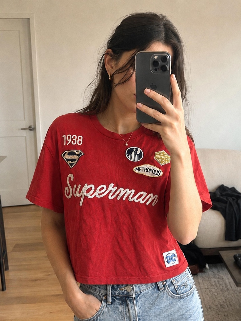 Superman DC Comics Red Embroidered Patch Cropped T-Shirt M